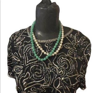 Vintage faux pearls and green glass fancy 2 strand necklace