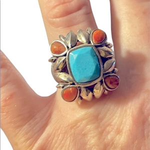 Vintage sterling silver large chunky navajo Turquoise & Spiny Oyster Ring