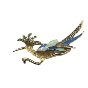 Beautiful gold and enameled multicolor road runner brooch