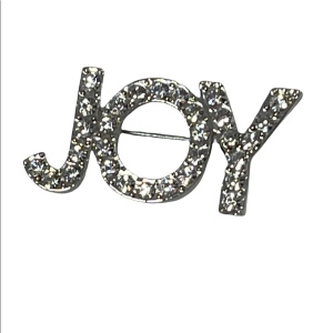 Sparkle Rhinestone Name Christmas JOY brooch clear crystal silver finish