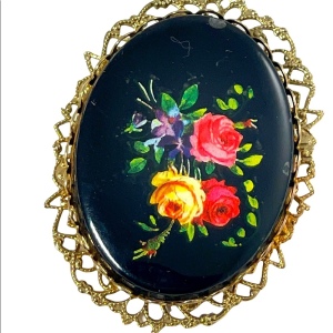 Vintage Black glass painted fancy flowers cameo brooch