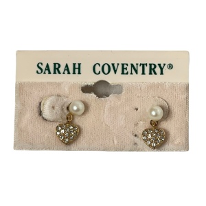 Vintage Sarah Coventry small heart pearl rhinestone dangle earrings