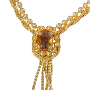 Vintage gold finish fancy amber crystal dangle choker necklace