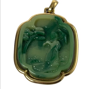 VTG 1960s Crown Trifari Faux Jade Japanese Geisha large necklace pendant gold