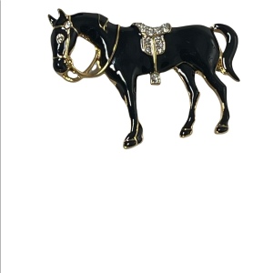 Vintage 1980s D Orlan Black enamel rhinestone horse brooch