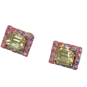 Vintage 1960s Pink & Yellow AB Crystal Square Earrings with gold finish