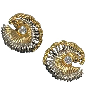 Vintage 1980 Chunky gold silver swirl with crystal button style clip on earrings