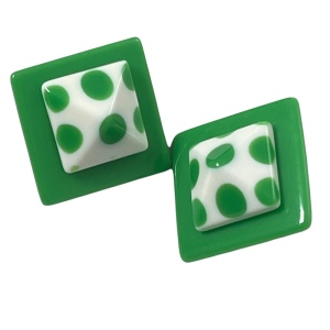 FUN Candy apple Green & White polka dot square clip on plastic earrings