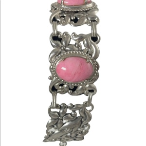 Vintage silver ornate Rhodochrosite stone cabachon fancy bracelet