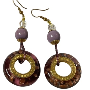 Large Murano glass Italy Italian Dangle earrings gold purple glass