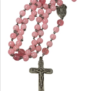 Fatima pink plastic Rosary silver crucifix