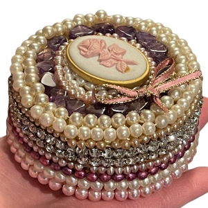 Vintage Heavy Bejeweled trinket box Artisan Pearls crystals vanity amethyst