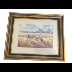 Vintage professionally framed signed water color farmers vg