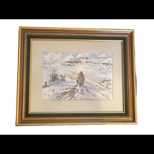 Vintage professionally framed winter scene signed watercolor