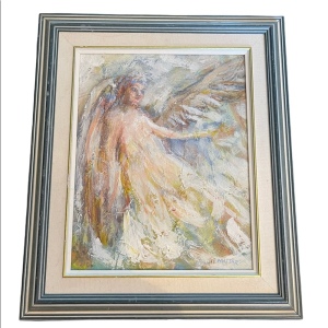 Vintage 1984 John Mattar signed oil painting on Masonite Angel wood framed