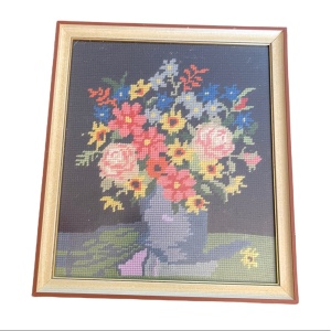 Vintage framed needlpoint picture flowers in pot fancy colorful wood frame