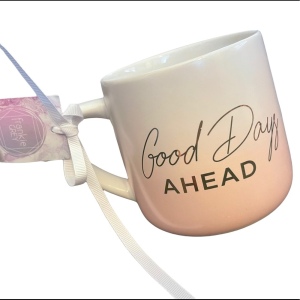 NWT Frankie Grey Ceramic coffee mug inspirational “Good day ahead” Lovely’