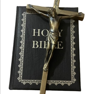 Vintage Leather bound gold gilt Bible & Solid brass wall crucifix