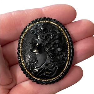 Antique Large Black Mourning JET Carved? Cameo with Gold band