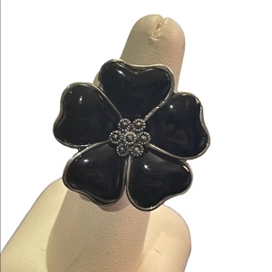 Black Onyx Flower Marcasite Sterling silver 925 Large ring