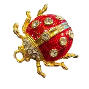 Vintage 1980s Enameled Crystal Lady bug brooch gold finish