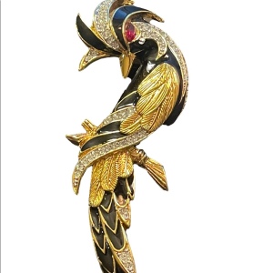 Vintage 1980s Bird of Paradise Large D orlan Crystal enameled bird brooch gold