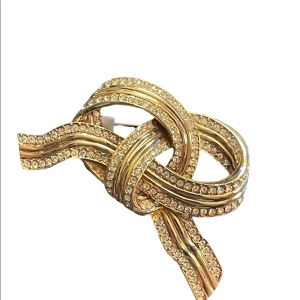 Vintage 1980s Large D orlan bow pretzel knot brooch crystals woth gold finish