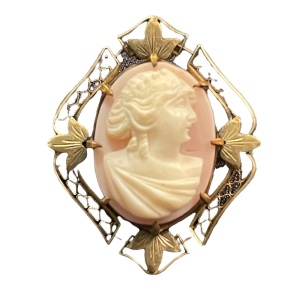 Antique 1920s gold brassy finish cameo brooch Resin