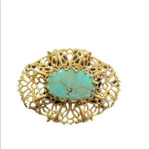 Vintage gold filagree ornate faux turquois fancy brooch CZECH