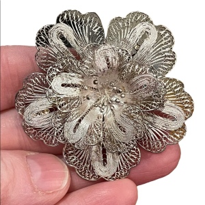 Antique Sterling silver Large Filagree 925 fancy flower brooch