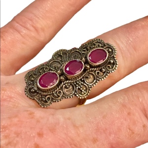 Vintage ornate raw ruby sterling silver elongated large dinner 925 ring