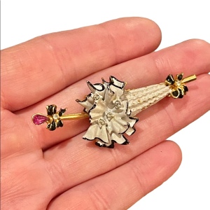 Vintage Fair lady fancy umbrella crystal enamel brooch