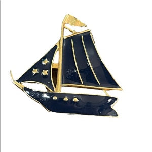 Vintage blue enamel gold finish sailboat sailing brooch