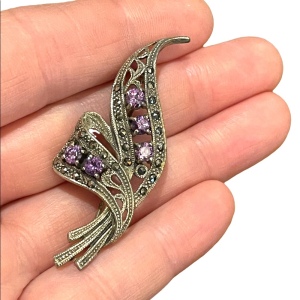 Vintage sterling silver amethyst 925 Marcasite brooch branch