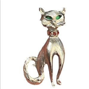 Vintage silver finush fancy Cat brooch w/ crystals