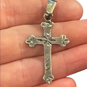 Antique Handmade sterling silver etched cross religious pendant