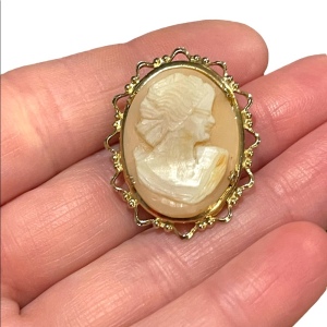 Vintage 1960s gold finish fancy bezel resin cameo brooch