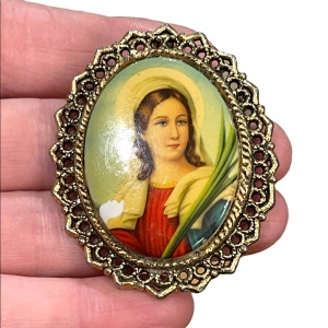 Vintage WMAC Ceramic Large religious Catholic Saint Cameo Brooch pendant