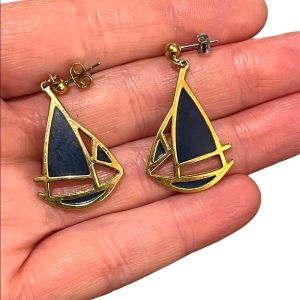 Beautiful blue enamel gold finish Vintage Sailboat earrings 1” Nautical