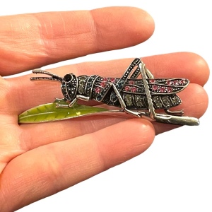 Vintage silver finish enameled crystal grasshopper brooch insect