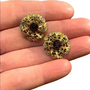 Vintage purple crystal gold finish round filagree earrings