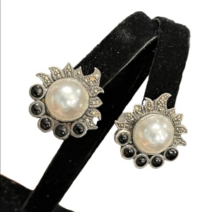 Vintage Sterling silver 925 Black onyx pearl marcasite earrings