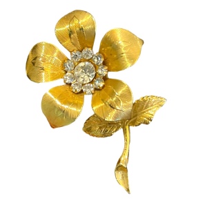 Vintage gold finish crystal rhinestone etched flower metal brooch