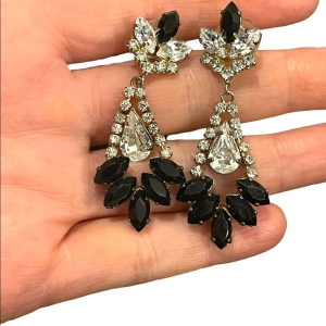 Vintage 1960s black & clear crystal dangle fancy earrings