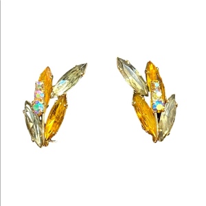 Vintage yellow crystal fancy leaf earrings clip on gold finish