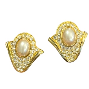 Vintage sparkle faux pearl crystal gold finish VENDOME clip on earrings