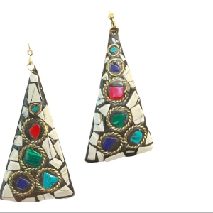 Vintage 1980s Tibetan mosaic stone triangle dangle earrings gold finish