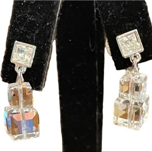 Stunning cubed Swarovski authentic silver finish dangle earrings clip on