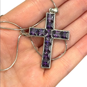 💗 Sterling silver purple crystal amethyst LG Cross necklace rope