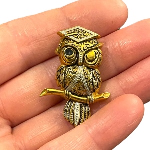 Vintage Damascene Gold finish Owl fancy brooch Spain